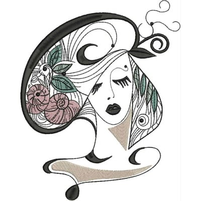 An embroidery design of a stylized woman's face with flowing hair adorned with leaves and flowers, showcasing elegant lines and soft colors.