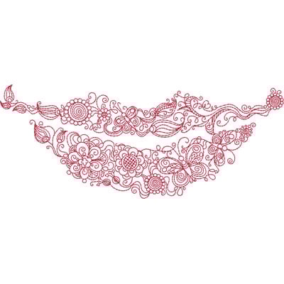 An embroidery design of intricate floral and swirling patterns in a vibrant red color, creating a delicate and elegant display.