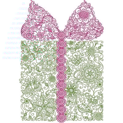 An embroidery design of a dress featuring intricate floral and swirled patterns in pink and green.