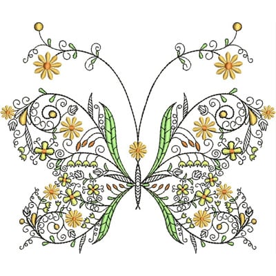 An embroidery design of a intricately detailed butterfly adorned with flowers and delicate swirling patterns.