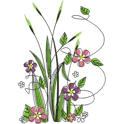 An embroidery design of vibrant flowers and green leaves intertwined with delicate stems, showcasing a fresh and lively botanical theme.