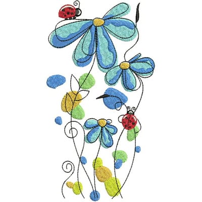 An embroidery design of colorful flowers and ladybugs, featuring shades of blue, yellow, and green.