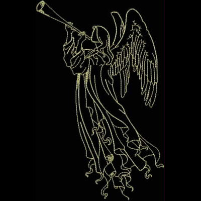 An embroidery design of an angel holding a trumpet, draped in flowing robes with detailed wings.
