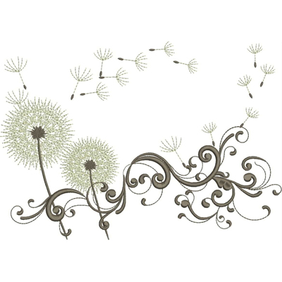 ADWScrolledBlows8x10 Digital machine embroidery design "A Dandelion Wish" in the floral and plants theme for 5x7, 6x8 and 8x10 hoops an embroidery design of delicate dandelions and swirling vines, capturing the essence of nature's elegance. from Kreations by Kara.