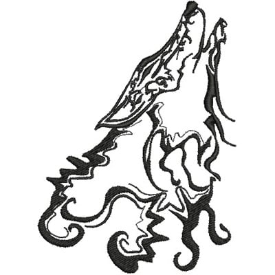 An embroidery design of a howling wolf, illustrated with flowing lines and intricate detailing.