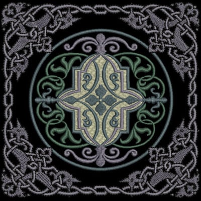 An embroidery design of an intricate, symmetrical motif featuring interwoven vines and detailed patterns in shades of green and beige within a decorative border.