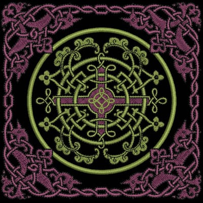 An embroidery design of an intricate circular knot pattern featuring interwoven elements in green and purple.