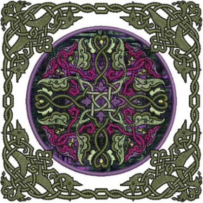 An embroidery design of a circular, intricate motif featuring swirling elements in green, purple, and pink, bordered by a decorative knotwork frame.
