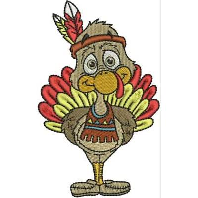 An embroidery design of a cheerful turkey wearing a colorful feathered headdress and a festive outfit.