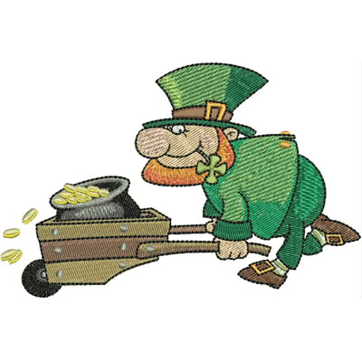 An embroidery design of a cheerful leprechaun in green attire pushing a cart filled with a pot of gold and scattered coins.