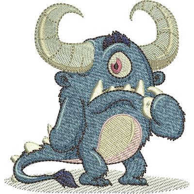 An embroidery design of a cute, blue monster with large horns, a single eye, and a playful expression.
