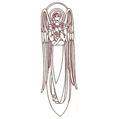 An embroidery design of an angel with outstretched wings, featuring a serene expression and holding a harp.