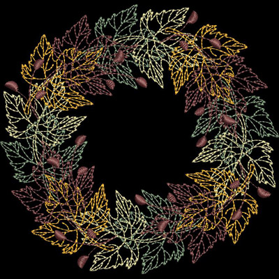 An embroidery design of a circular wreath made of colorful autumn leaves and acorns.