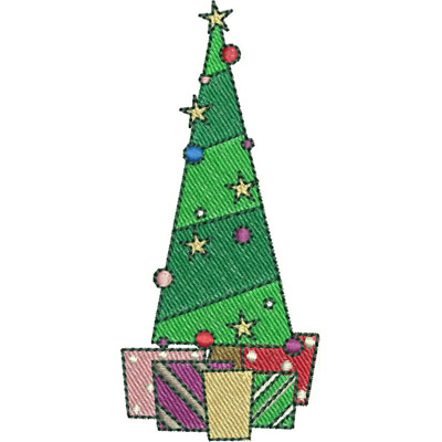An embroidery design of a colorful Christmas tree adorned with ornaments and topped with a star, sitting atop a pile of wrapped presents.