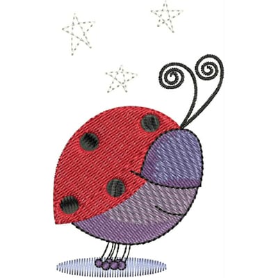 An embroidery design of a cheerful ladybug with a red shell, purple body, and whimsical antennae.