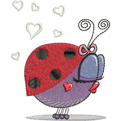 An embroidery design of a whimsical ladybug with a red spotted shell, large glasses, and a bow, surrounded by tiny hearts.
