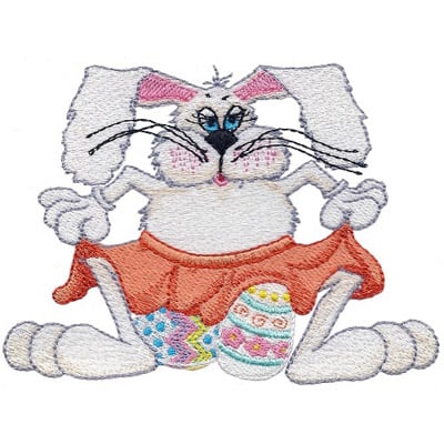 An embroidery design of a whimsical bunny wearing a pink skirt and holding colorful Easter eggs.
