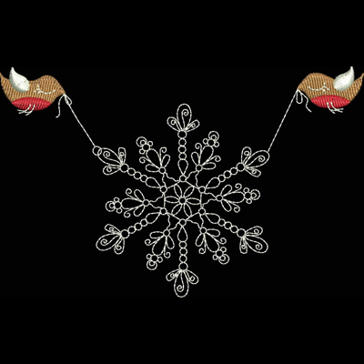 An embroidery design of a delicate snowflake connected by a whimsical string with two festive mittens on either side.