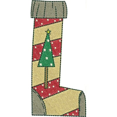 An embroidery design of a festive Christmas stocking featuring red and beige striped patterns with a green Christmas tree embellished with white polka dots.
