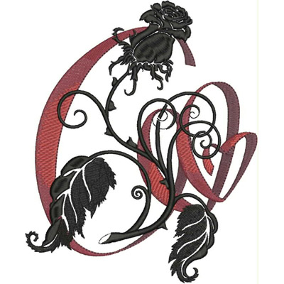 An embroidery design of a stylized black rose entwined with elegant vines and a flowing letter "G".