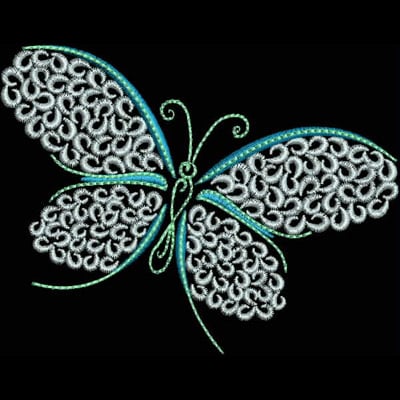 An embroidery design of a beautifully detailed butterfly featuring intricate swirling patterns in silver and blue.