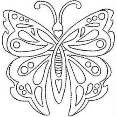 An embroidery design of a butterfly featuring intricate wing patterns and symmetrical shapes.