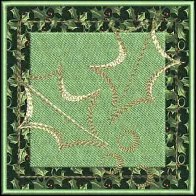 An embroidery design of holly leaves with intricate stitching details on a green background, framed by a border of holly and berries.