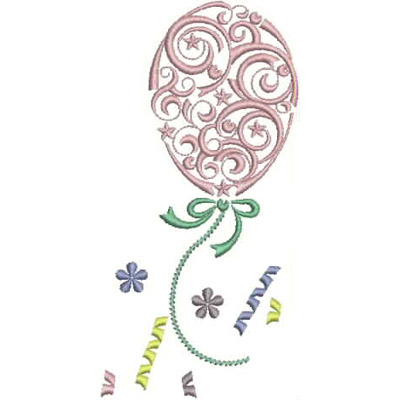 An embroidery design of a whimsical balloon adorned with swirls and stars, featuring a bow and colorful confetti falling around it.