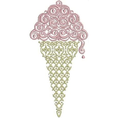 An embroidery design of a whimsical ice cream cone featuring a swirled pink top and a detailed green waffle cone.