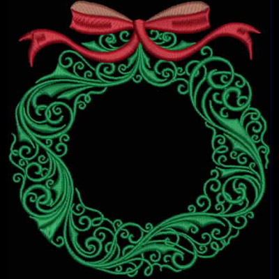 An embroidery design of an elegant green wreath adorned with intricate swirls and a vibrant red bow.