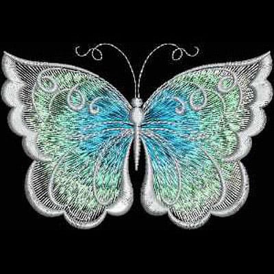 An embroidery design of a beautifully detailed butterfly featuring intricate patterns in shades of blue and green.