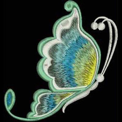 An embroidery design of a vibrant butterfly with intricate detailing in shades of blue, green, and yellow.