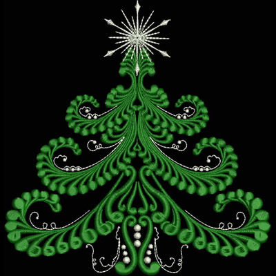 An embroidery design of an ornate green Christmas tree adorned with swirling patterns and embellished with beads, topped with a star.