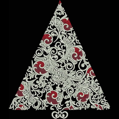 An embroidery design of an ornate Christmas tree featuring intricate swirls and red accents.