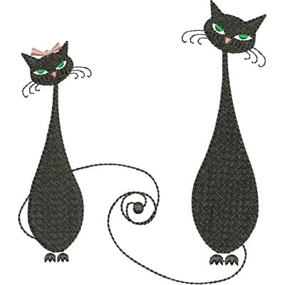 An embroidery design of two stylized black cats, one adorned with a pink bow, featuring elongated bodies and expressive eyes.