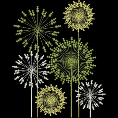An embroidery design of various stylized flower-like shapes in shades of green and white, resembling dandelions, with intricate detailing.