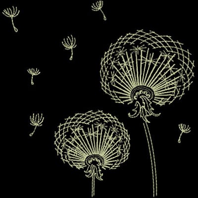 An embroidery design of two intricate dandelion flowers surrounded by floating seed heads, beautifully rendered in delicate lines.