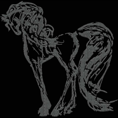 An embroidery design of a stylized horse with flowing lines and intricate detailing.
