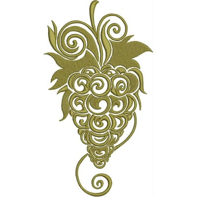 An embroidery design of a stylized grape cluster featuring intricate swirls and leaves in a soft green color.