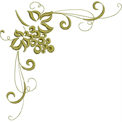 An embroidery design of a cluster of grapes surrounded by delicate swirls and leaves.