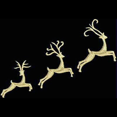 An embroidery design of three leaping reindeer, each progressively larger and adorned with intricate antlers.