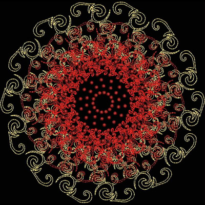 An embroidery design of a circular pattern featuring intricate red and gold swirls and dots creating a mesmerizing mandala effect.