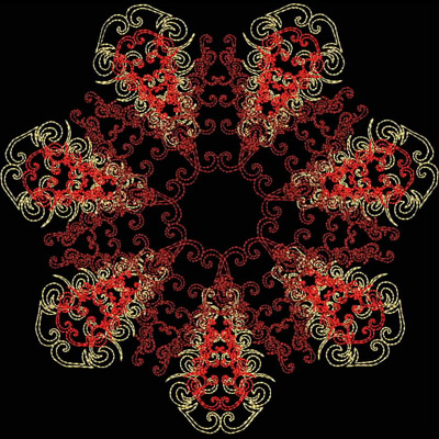 An embroidery design of a symmetrical, ornate floral pattern featuring intricate red and gold swirls.