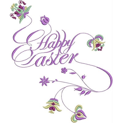 An embroidery design of the phrase "Happy Easter" intertwined with colorful floral elements.