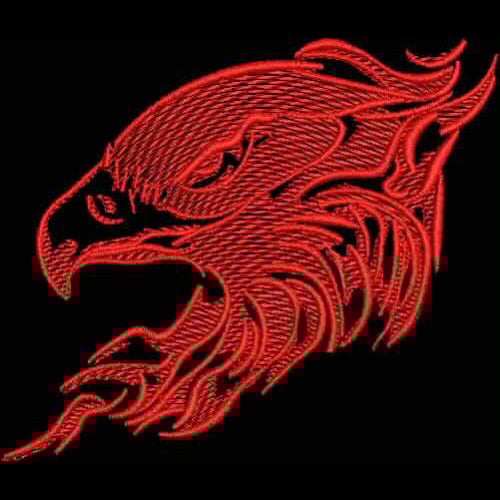 An embroidery design of a fierce eagle's head intricately blended with flames in a vibrant red color.