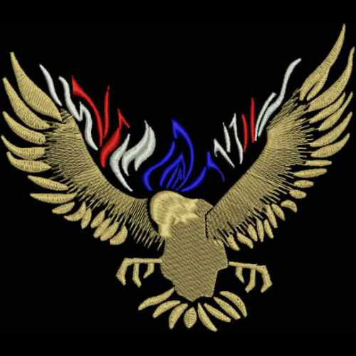 An embroidery design of a soaring eagle with outstretched wings, featuring intricate detailing and accents of red, white, and blue.