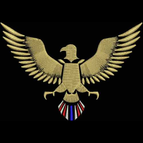 An embroidery design of a soaring eagle with outstretched wings, featuring intricate detailing in gold and accented by a multi-colored tail.
