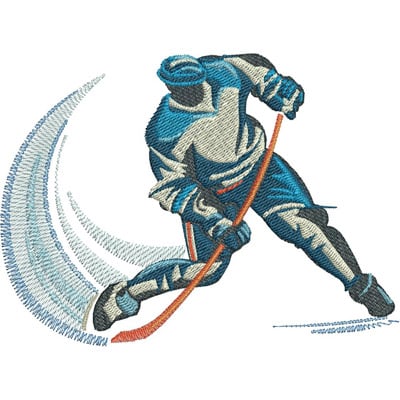 An embroidery design of a hockey player in motion, skillfully skating and wielding a stick.