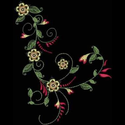 An embroidery design of a swirling floral vine featuring vibrant flowers and intricate leaves in shades of green, gold, and red.