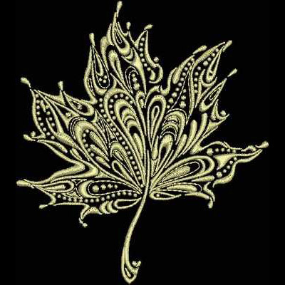 An embroidery design of an intricately detailed leaf featuring swirling patterns and decorative elements.